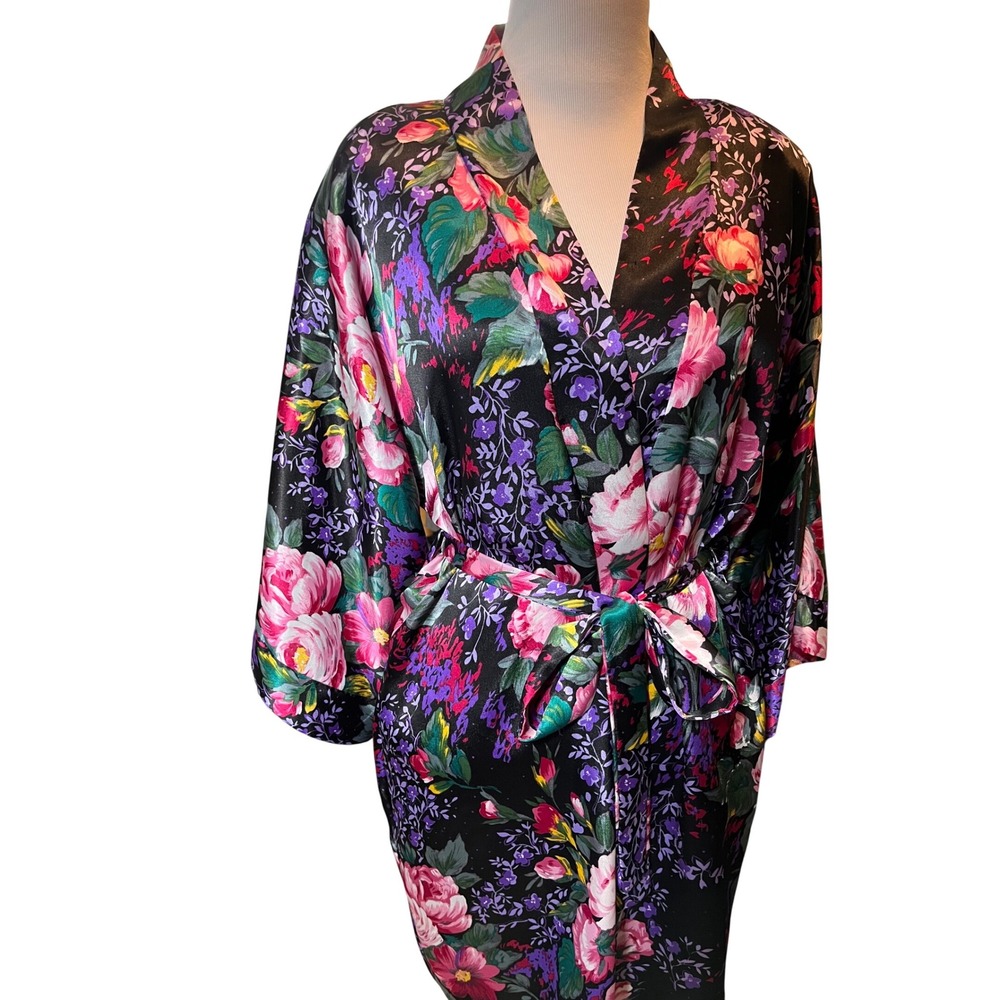 California‎ Dynasty Vintage Floral Satin Robe Kimono Wrap Belted Sleepwear